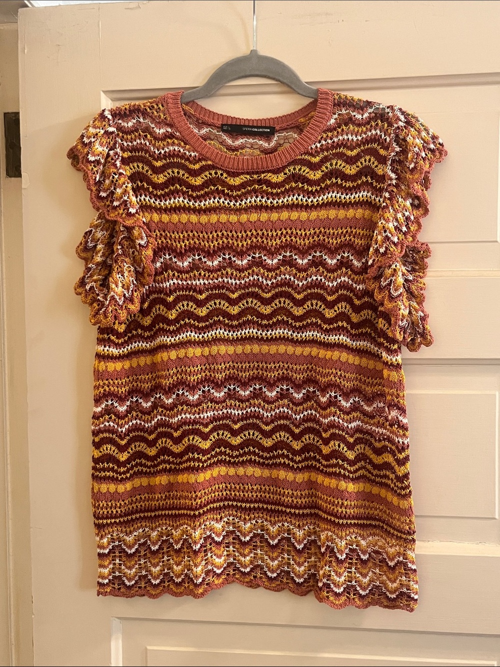 Multicolor Crochet Knit Ruffle Sleeve Top